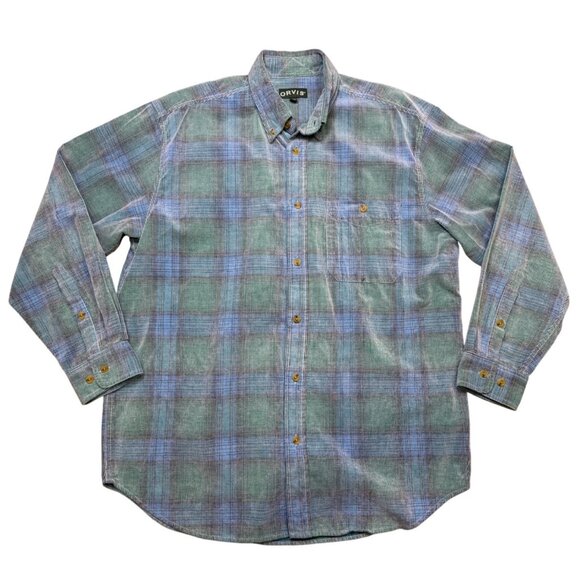 Orvis Mens Green & Blue Plaid Button Up Textured Shirt Size L Cotton - Picture 1 of 7